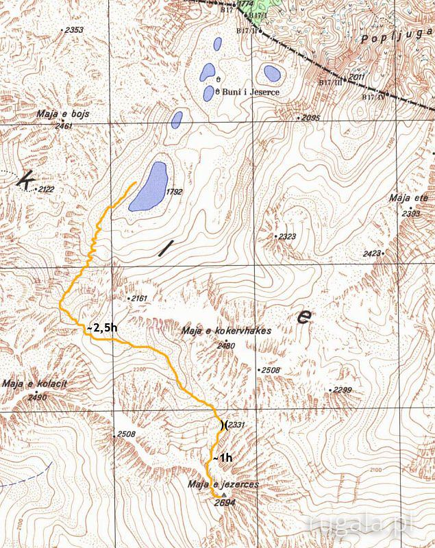 Mapa trasy na szczyt Maja Jezercë z doliny Buni Jezerce