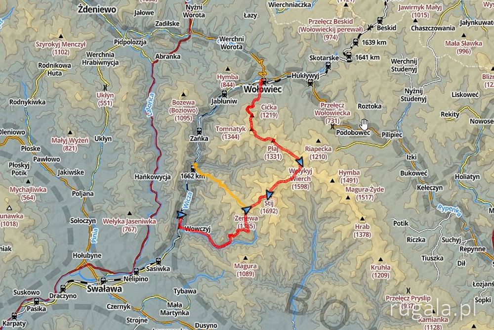 Mapa trasy: Wołowiec - Płaj - Wełyki Wierch - Stij - Zenewa - Wowczyj/Osa