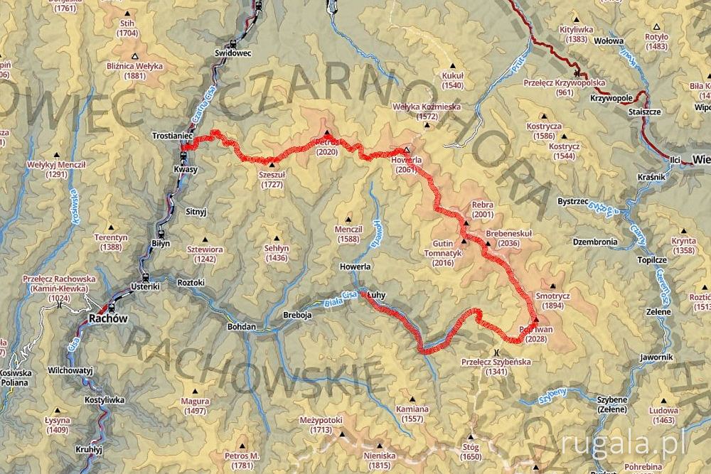 Mapa trasy: Łuhy - Waskuł - Pop Iwan Czarnohorski - Howerla - Petros - Kwasy