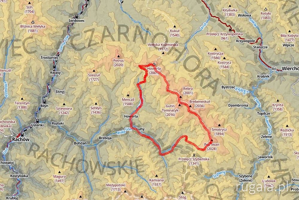 Mapa trasy: Łuhy - Waskuł - Pop Iwan Czarnohorski - Howerla - informacja turystyczna pod Howerlą - wieś Howerla - Łuhy