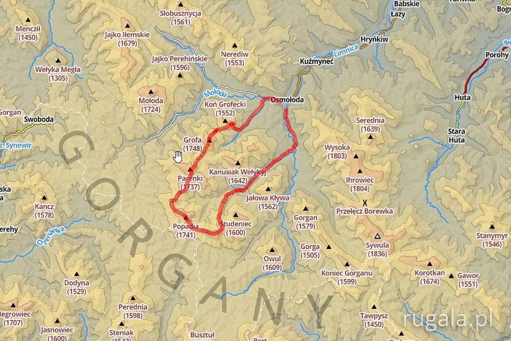 Mapa trasy: Osmołoda - Grofa - Popadia - Ryżarnia - Osmołoda
