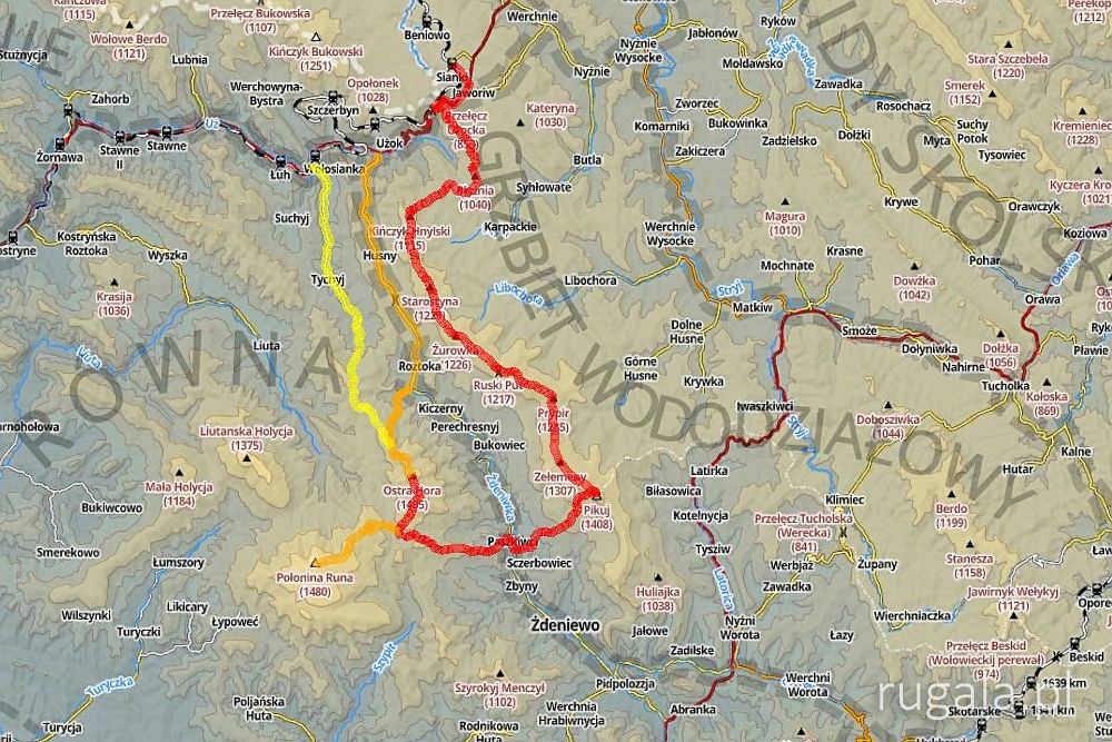 Mapa trasy: Sianki - Grzbiet Wododziałowy - Pikuj - Paszkiwci - Prełuki - Połonina Równa - Ostra Hora - Tychyj / Husnyj