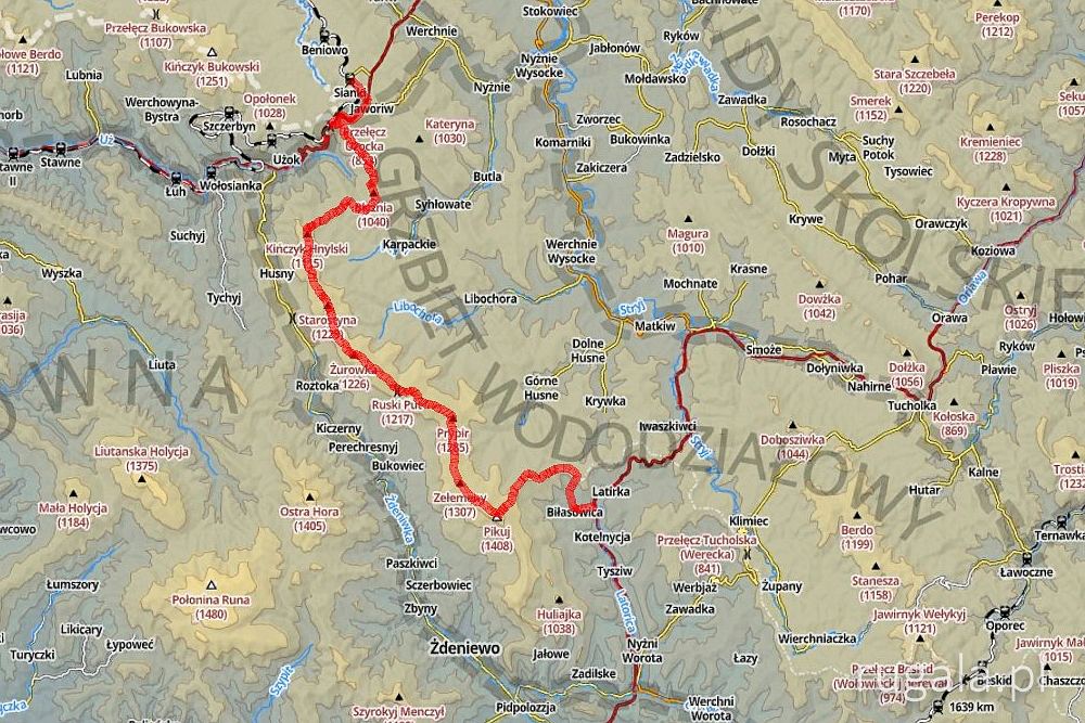 Mapa trasy: Sianki - Przełęcz Użocka - Starostyna - Pikuj - Biłasowica