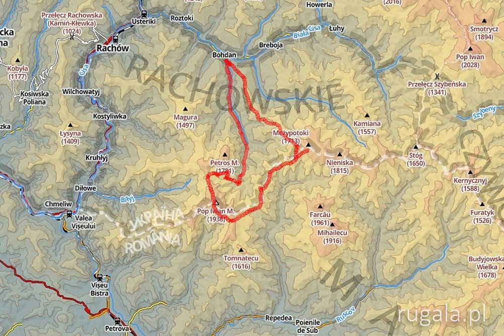 Mapa trasy: Bohdan - Kwasnyj - Poł. Latundur - Pop Iwan Marmaroski - Holovaciu - Vf. Mic - Bohdan