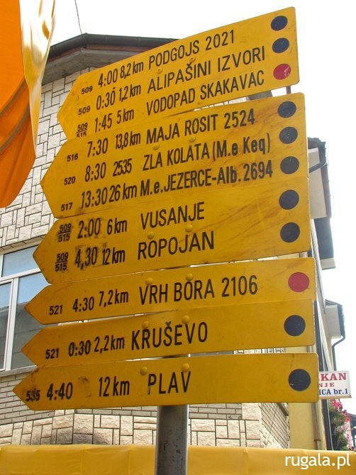 Oznaczenia szlaków w centrum Gusinje