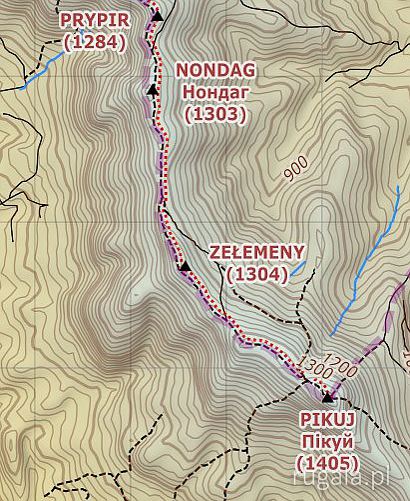 Fragment mapy Bieszczad Wschodnich